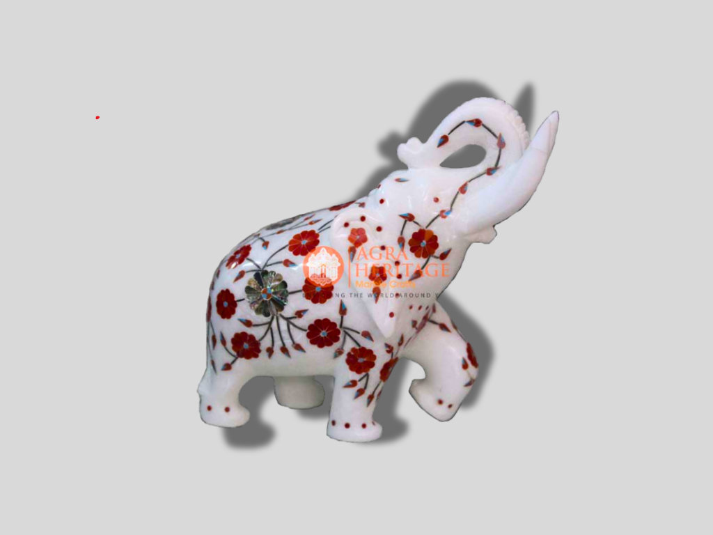 Marble Elephant Carnelian Pauashell Inlay Floral Arts